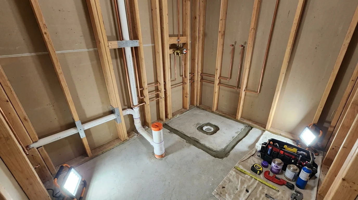 Bathroom rough-in plumbing during remodel by Johns Plumbing LLC in Aguanga