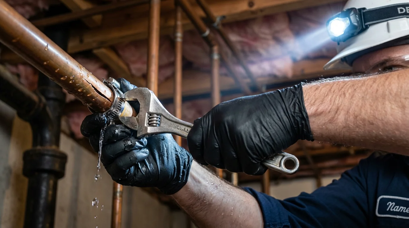 Emergency pipe clamp repair being performed by a Johns Plumbing LLC plumber in Aguanga